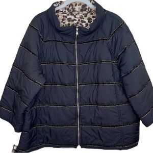 Chico's Reversible Puffer Quilted Jacket Black/Animal Print L 12/14